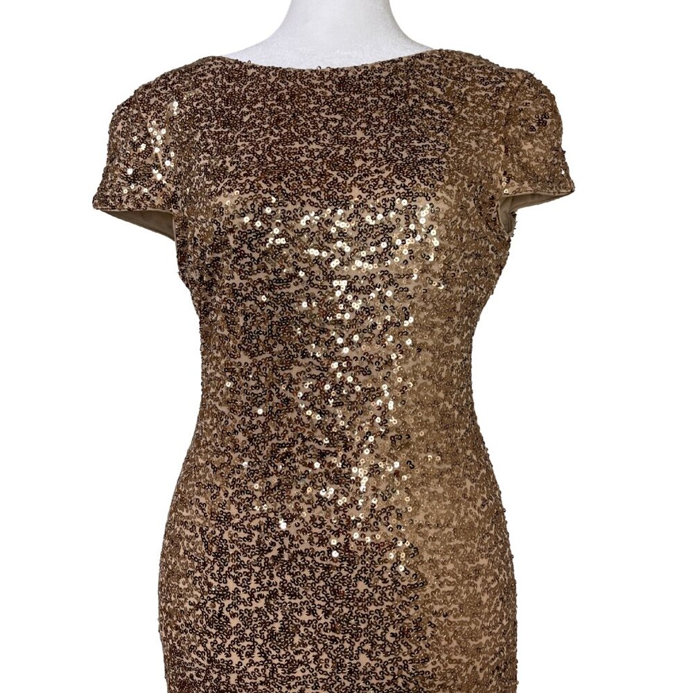 Badgley Mischka Cowl Back Stretch Fit Gold Sequin Evening Gown - Picture 3 of 15